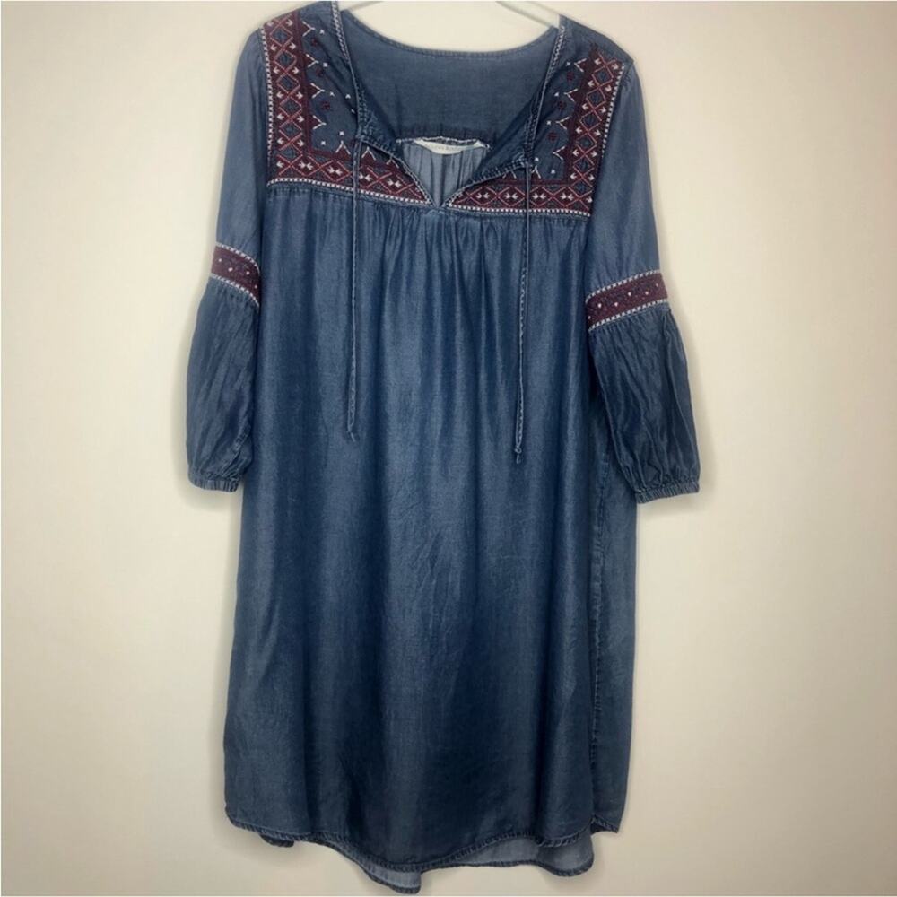 Boho Embroidered Denim Mini Dress - Blue
